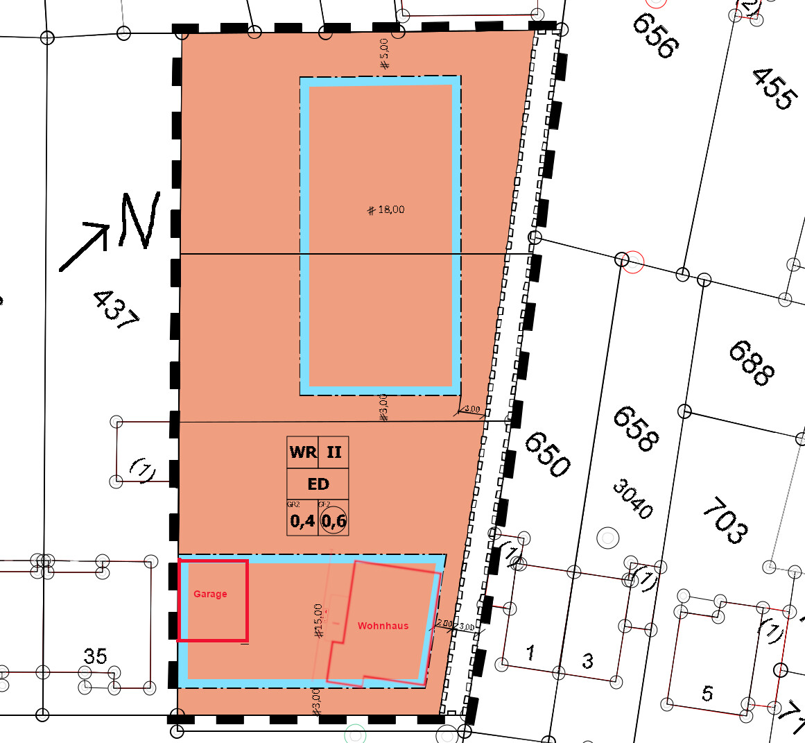 Lageplan eines Baugrundstücks mit Wohnhaus, Garage und Terrasse