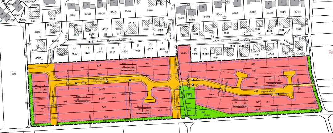 Lageplan eines Wohngebiets mit Grundstücken, Straßen und Grünflächen