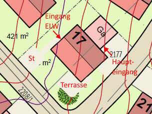 Lageplan eines Grundstücks mit Gebäudeflächen, Terrasse und Eingängen.