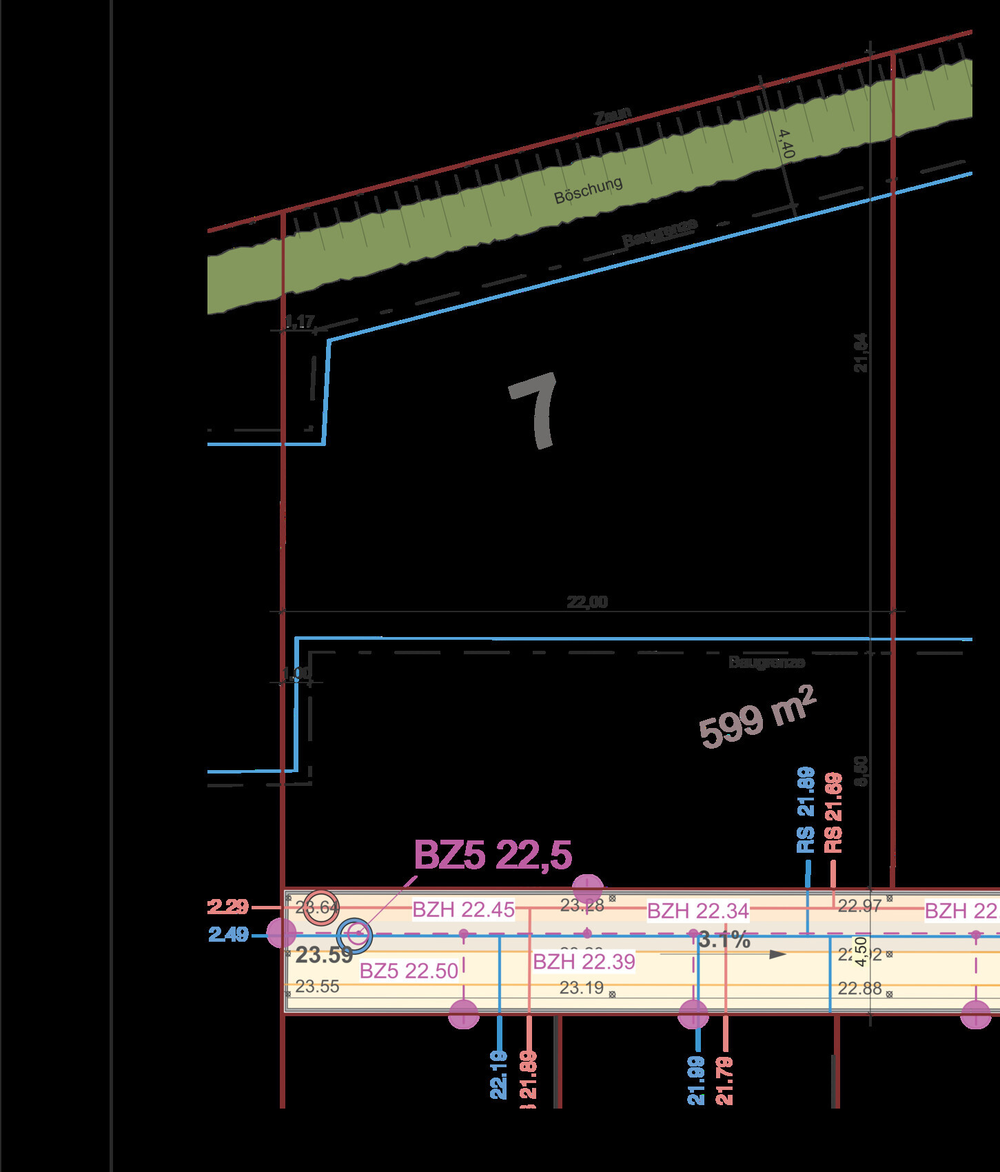 Architektenplan eines Baugrundstücks mit Baugrenze, Zaun, Böschung und Fläche 599 m²