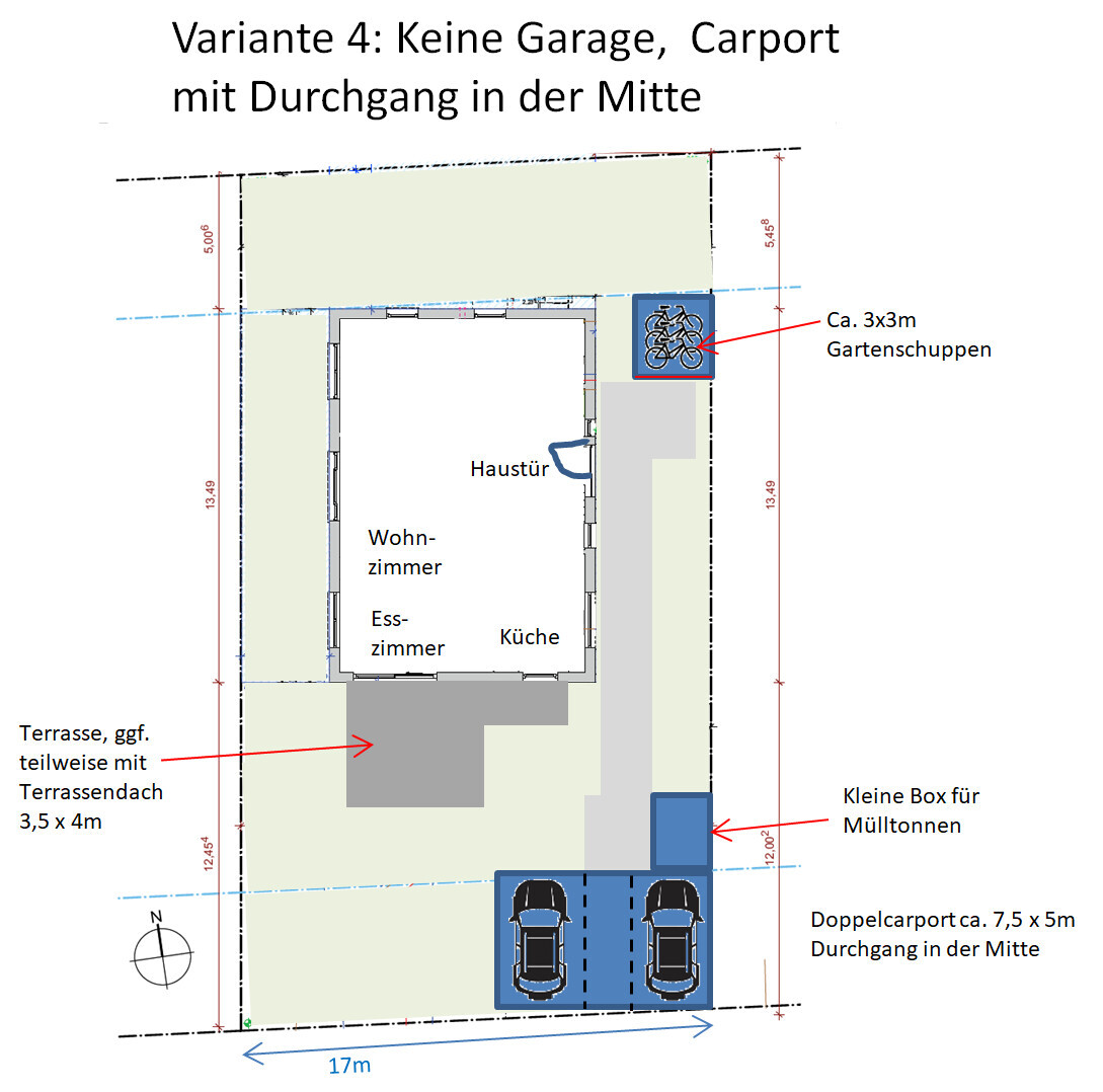 Grundriss: Haus, Doppelcarport mit Durchgang, Terrasse, Gartenschuppen, Mülltonnenbox – Variante 4.