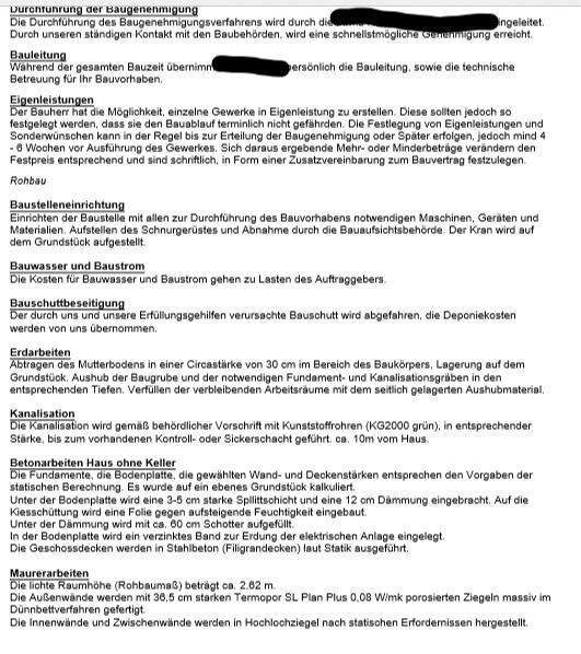 Textseite eines Bauprojekts mit Hinweisen zu Baugenehmigung, Erdarbeiten, Rohbau und Kanalisation.