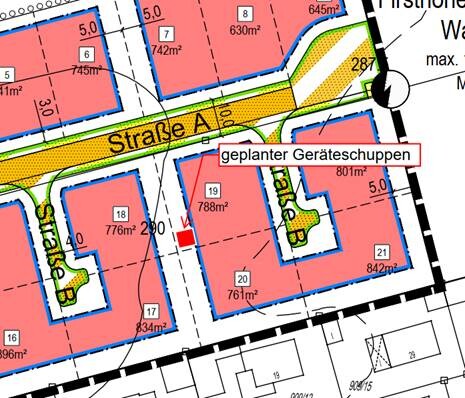 Lageplan: Grundstücke, Straße A, rote Bauflächen und geplanter Geräteschuppen.