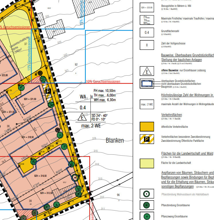 Lageplan eines Baugrundstücks mit Grundstücksgrenzen und Topografie