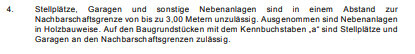 Dokumenttext zu Stellplätzen, Garagen und Nebenanlagen auf dem Baugrundstück.