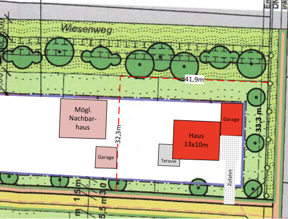 Grundriss eines Grundstücks mit rotem Haus (13x10 m), Terrasse, Garage und Zufahrt