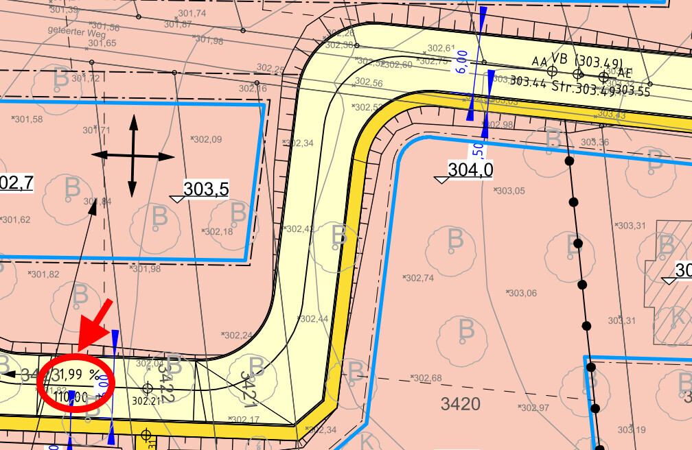 Straßenentwurf mit Kurven, Pfeilen, Höhenangaben und Baubereichen (304.0/303.5).