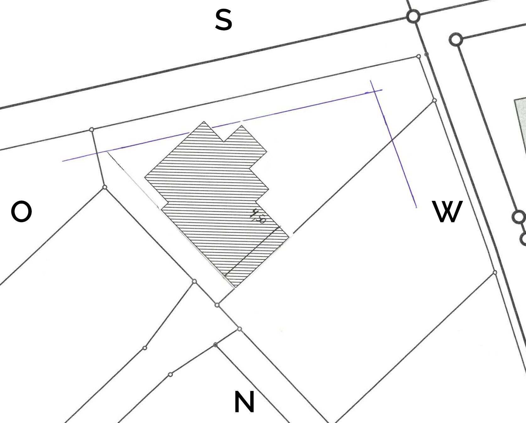 Technischer Grundriss mit schraffiertem Innenpolygon und Richtungsmarken S, O, N, W.
