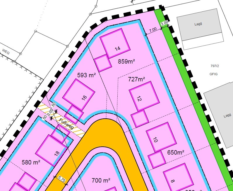 Lageplan eines Wohngebiets: farbige Parzellen mit Flächenangaben (m²), Straßen und Wege.