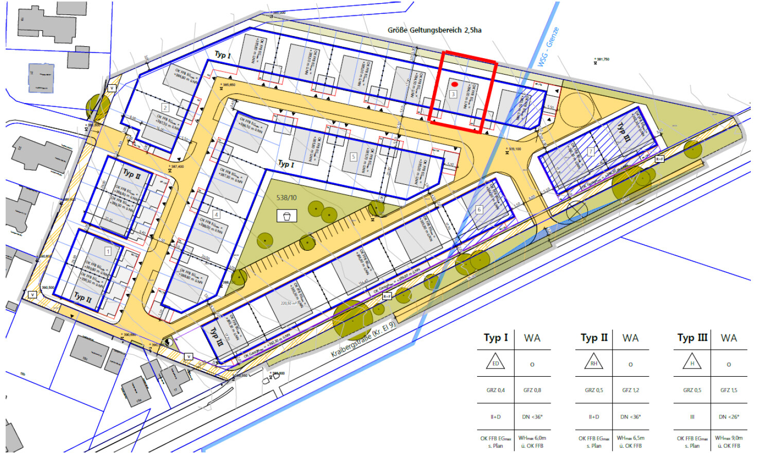 Lageplan eines Baugebiets mit Straßen, Gebäuden, Grünflächen und Typ I–III WA-Zonen.