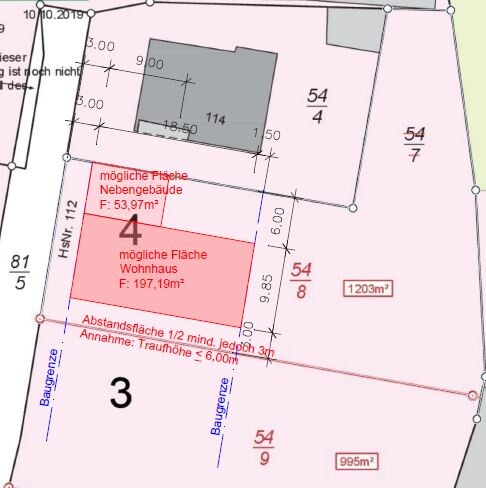 Lageplan eines Grundstücks mit Gebäudefläche, Baugrenzen und Flächenangaben