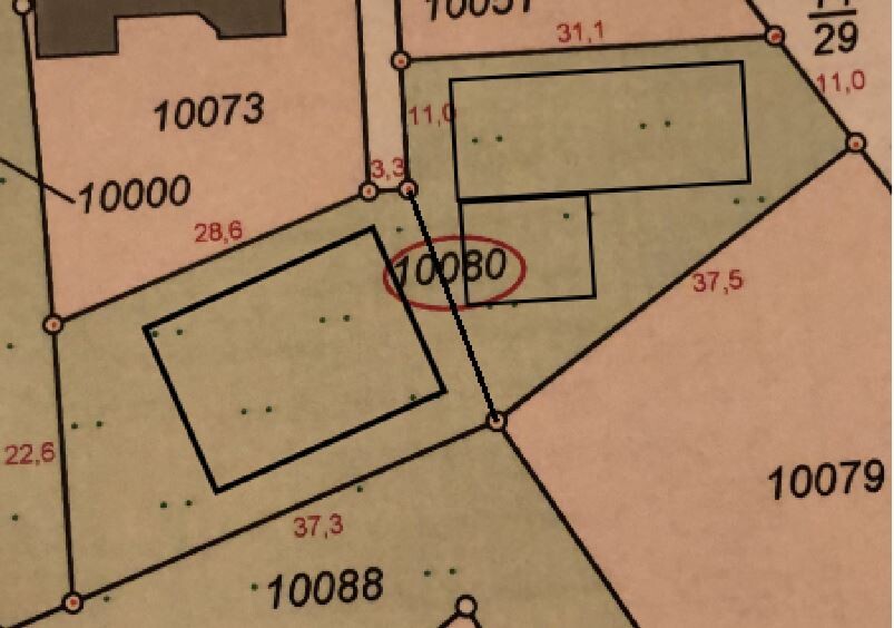 Ausschnitt einer Katasterkarte mit Parzellen-Nummer 10080 und zwei Rechteckgebäude.
