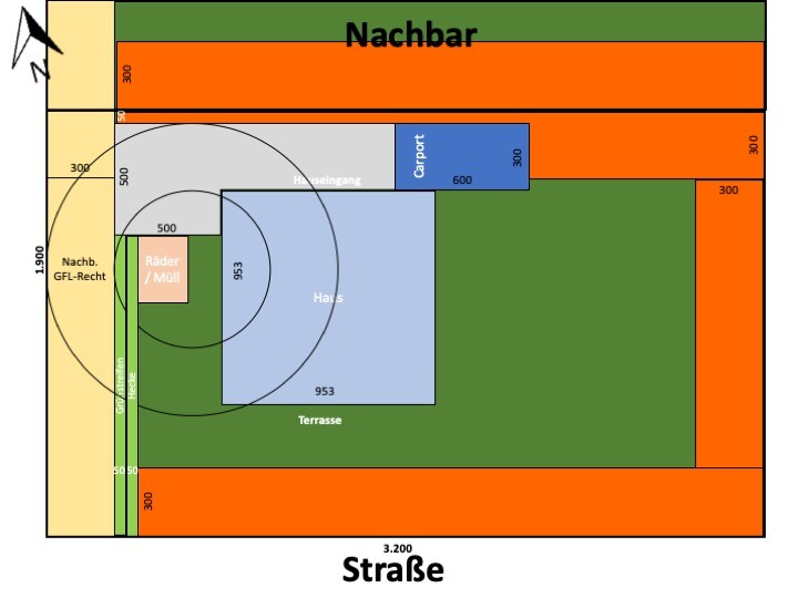 Grundriss eines Grundstücks mit Haus, Terrasse, Carport und Nachbar-/Straßenbereich.