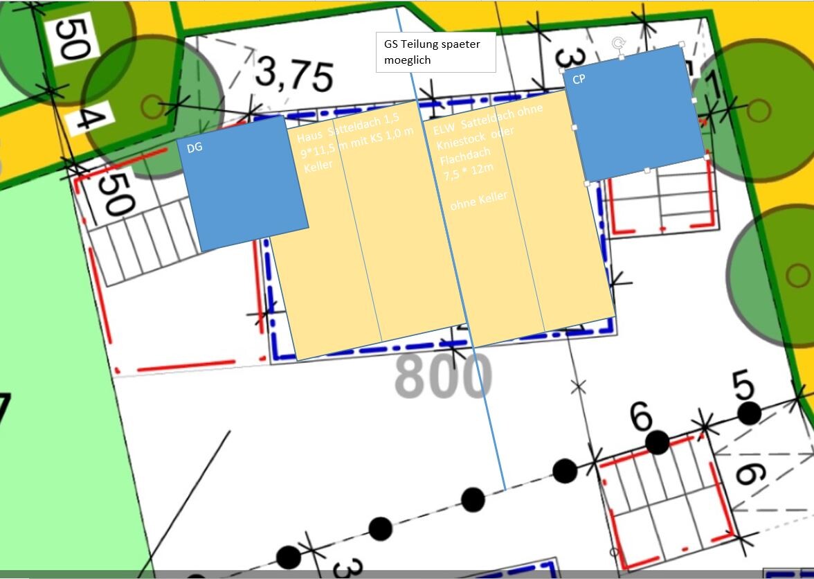 Lageplan eines Bauvorhabens: gelbe Bauflächen, zwei blaue Blöcke (DG/CP) und Maßen.