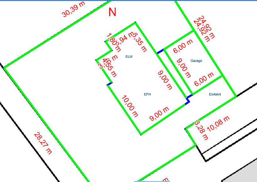 Lageplan eines Grundstücks mit Grenzlinien, Hausgrundriss, Garage und Einfahrt, Maßangaben.
