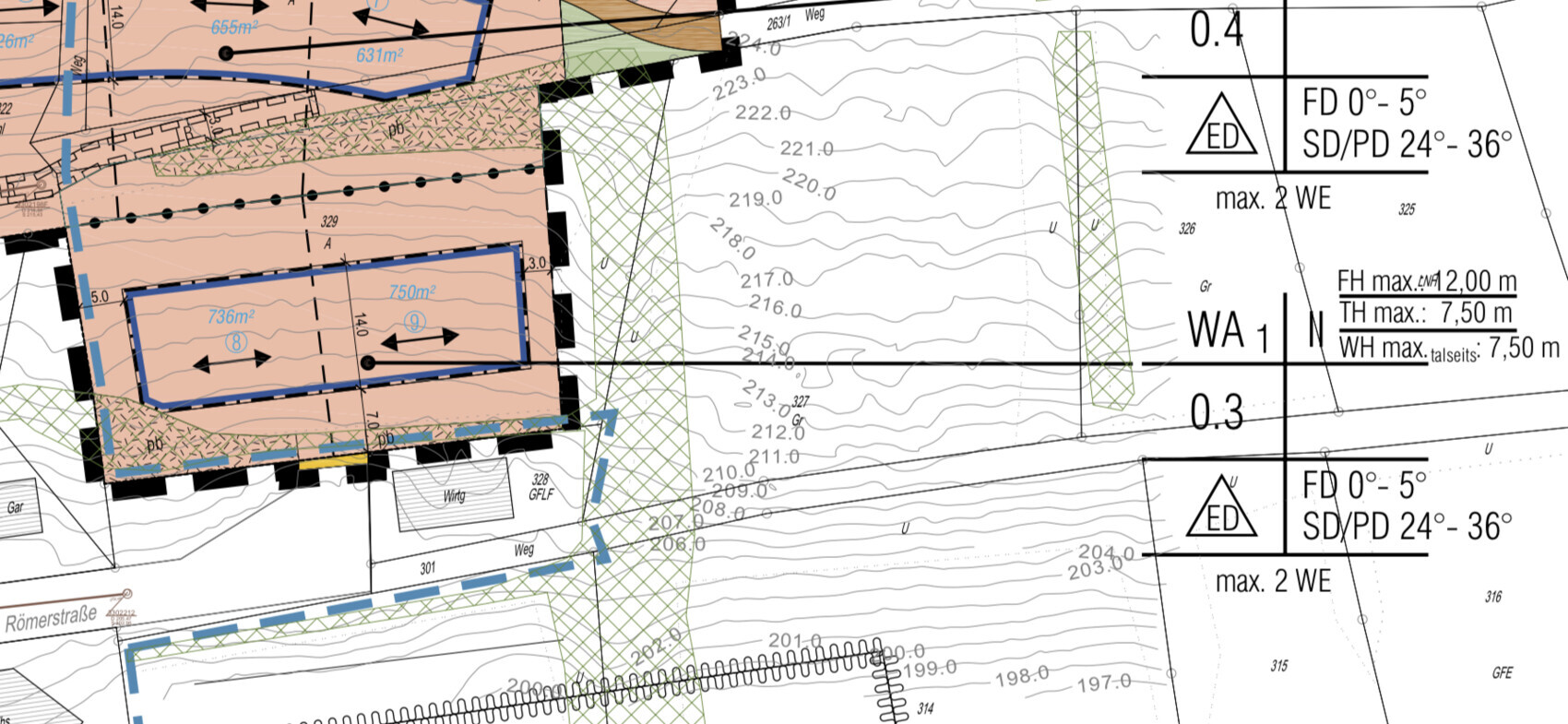 Lageplan eines Baugrundstücks mit Gebäudeumriss, Geländekonturen und Zufahrtswegen