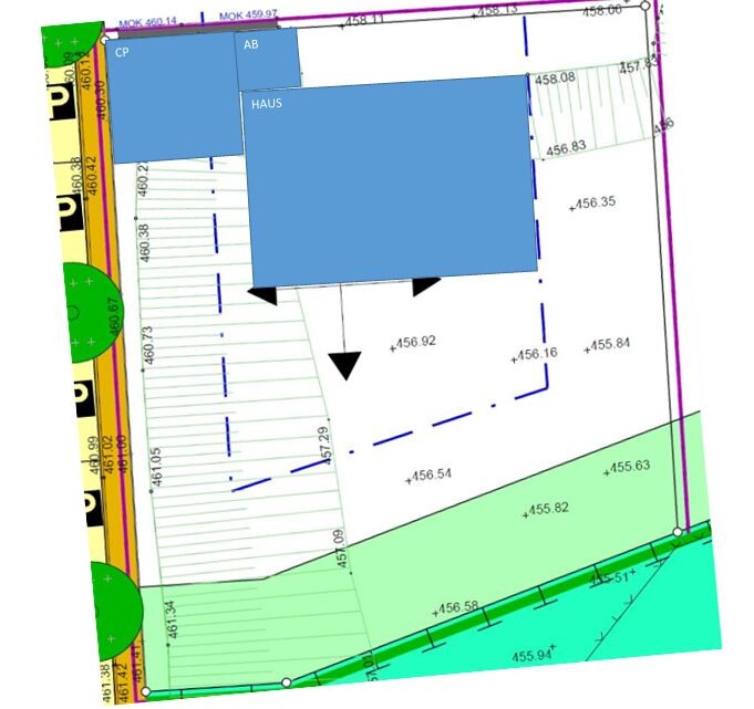 Lageplan eines Grundstücks mit blauen Gebäuden, Grenzlinien und Höhenzahlen.