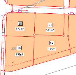 Lageplan von Baugrundstücken mit Parzellen 63-66 und Flächenangaben