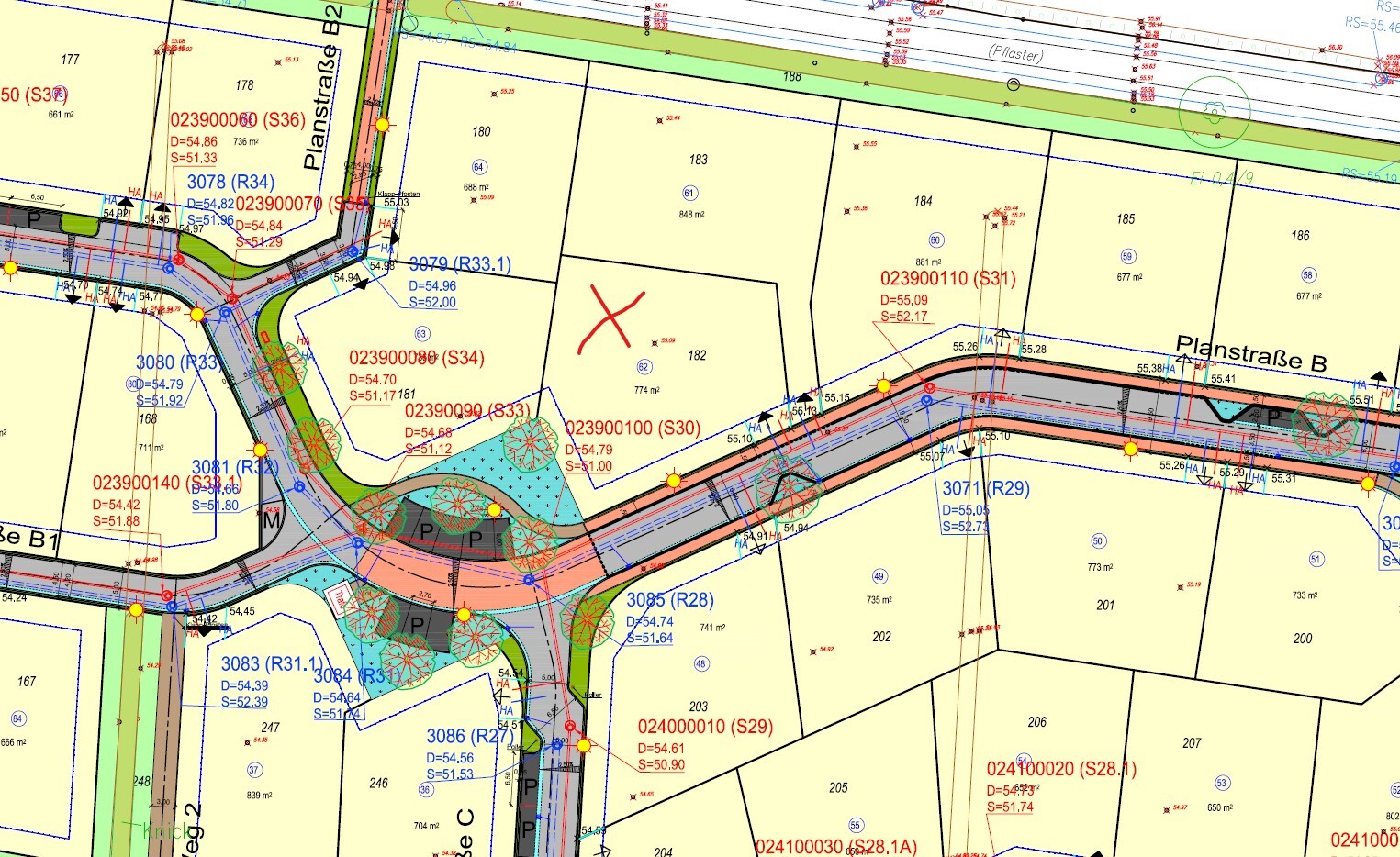 Städtebaulicher Bebauungsplan mit Parzellen, Straßen, Wegen und Grünflächen.