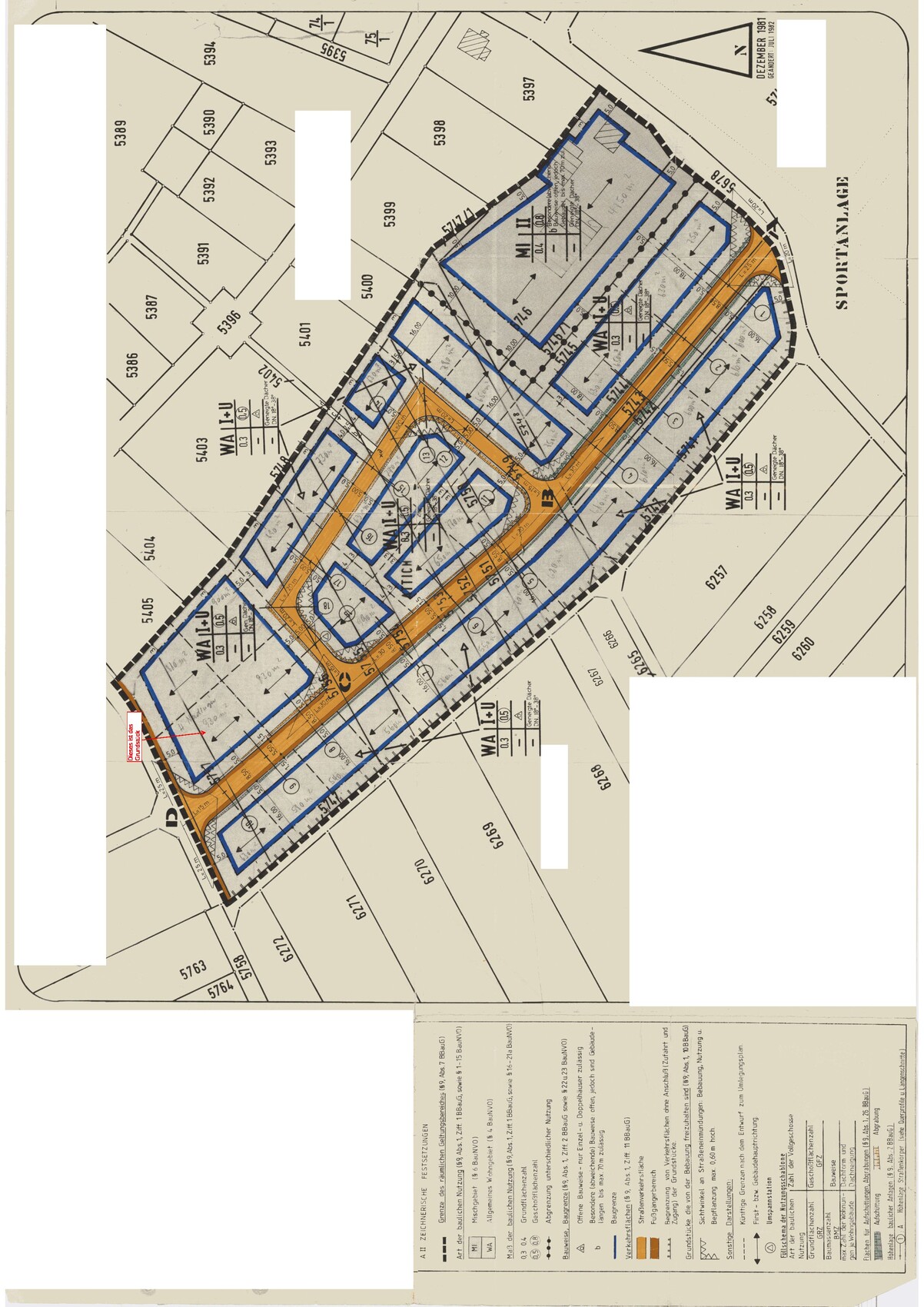 Lageplan eines Wohngebiets mit blauen Grundstücksgrenzen, orangefarbigen Straßen und Umrandung.