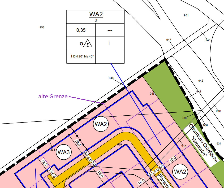Lageplan eines Baugrundstücks mit farbigen Zonen, Grenzlinien und Beschriftungen.