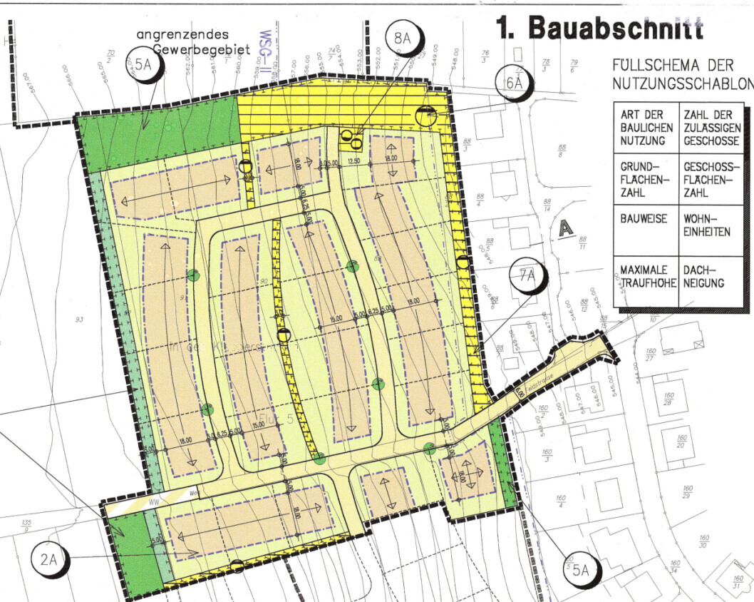 Lageplan: 1. Bauabschnitt mit gelben Bauflächen, Straßen und Grünflächen.