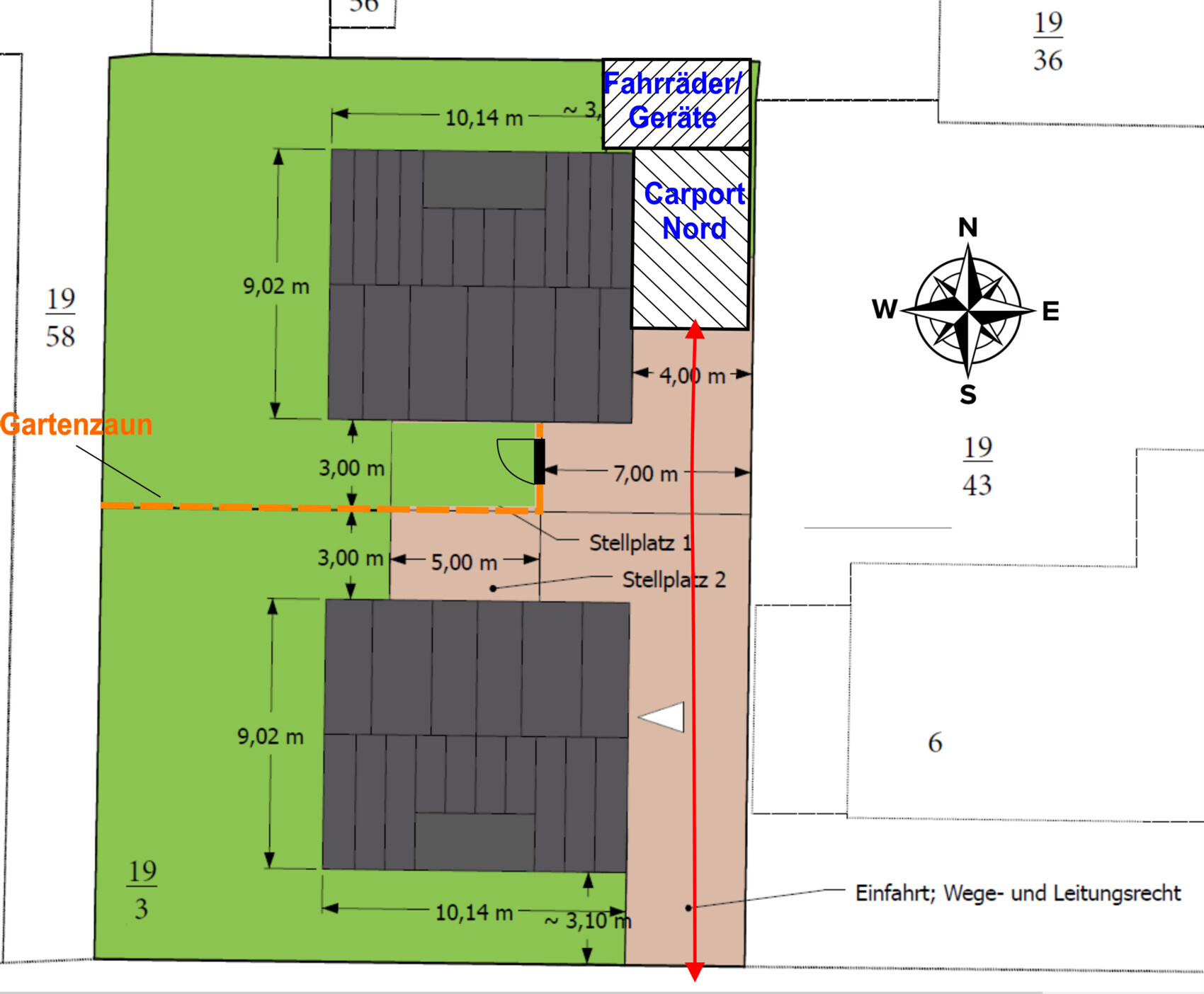 Grundstuecksplan mit Haus, Garten, Carport und Zufahrt