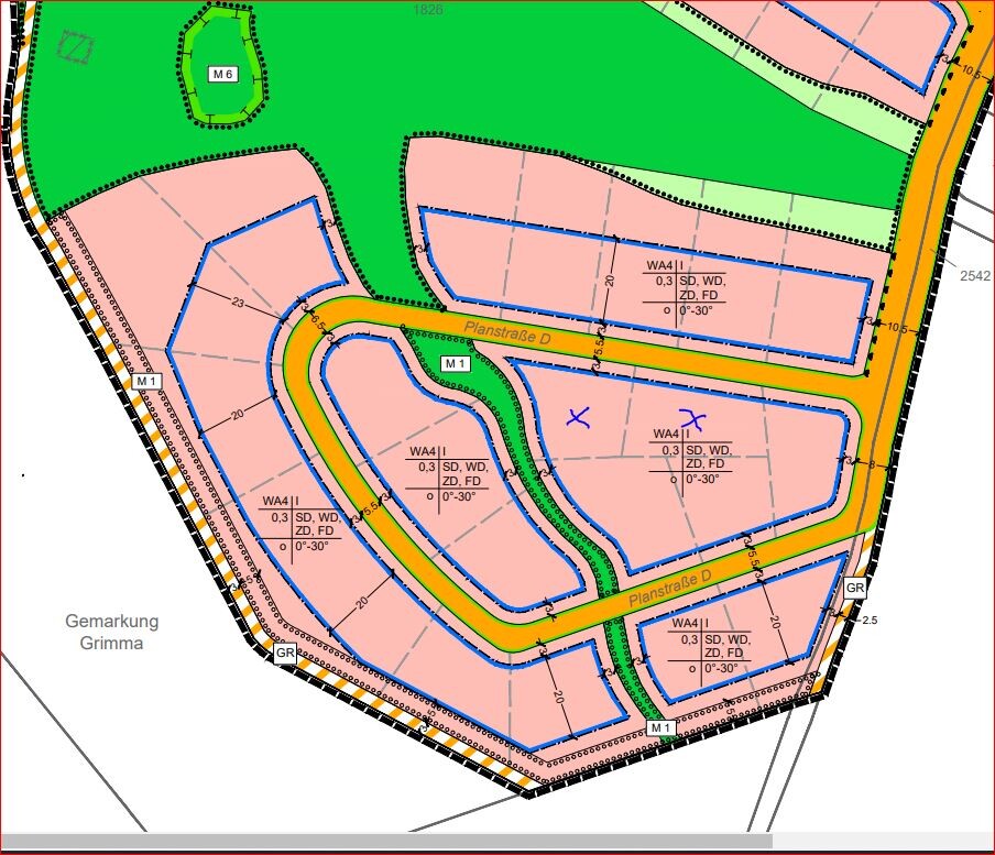 Zonen- und Straßenplan eines Baugebiets mit Planstraße D, Grünflächen und blau markierten Zonen