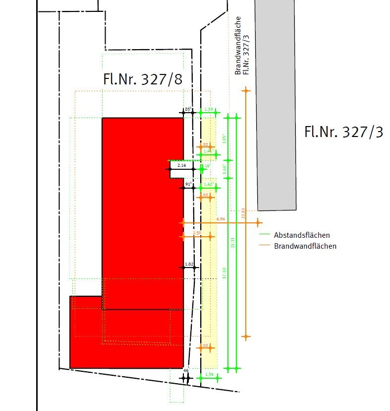 Lageplan: roter Grundriss mit Abstands- und Brandwandflächen, Fl.Nr. 327/8 und 327/3.