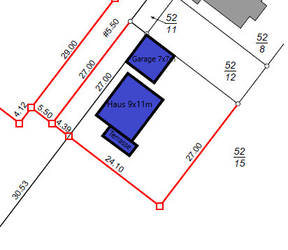 Lageplan eines Grundstücks mit Haus, Garage, Terrasse und Zufahrt