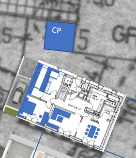Lageplan eines Hauses mit Grundrisslayout auf Vermessungskarte und CP-Markierung