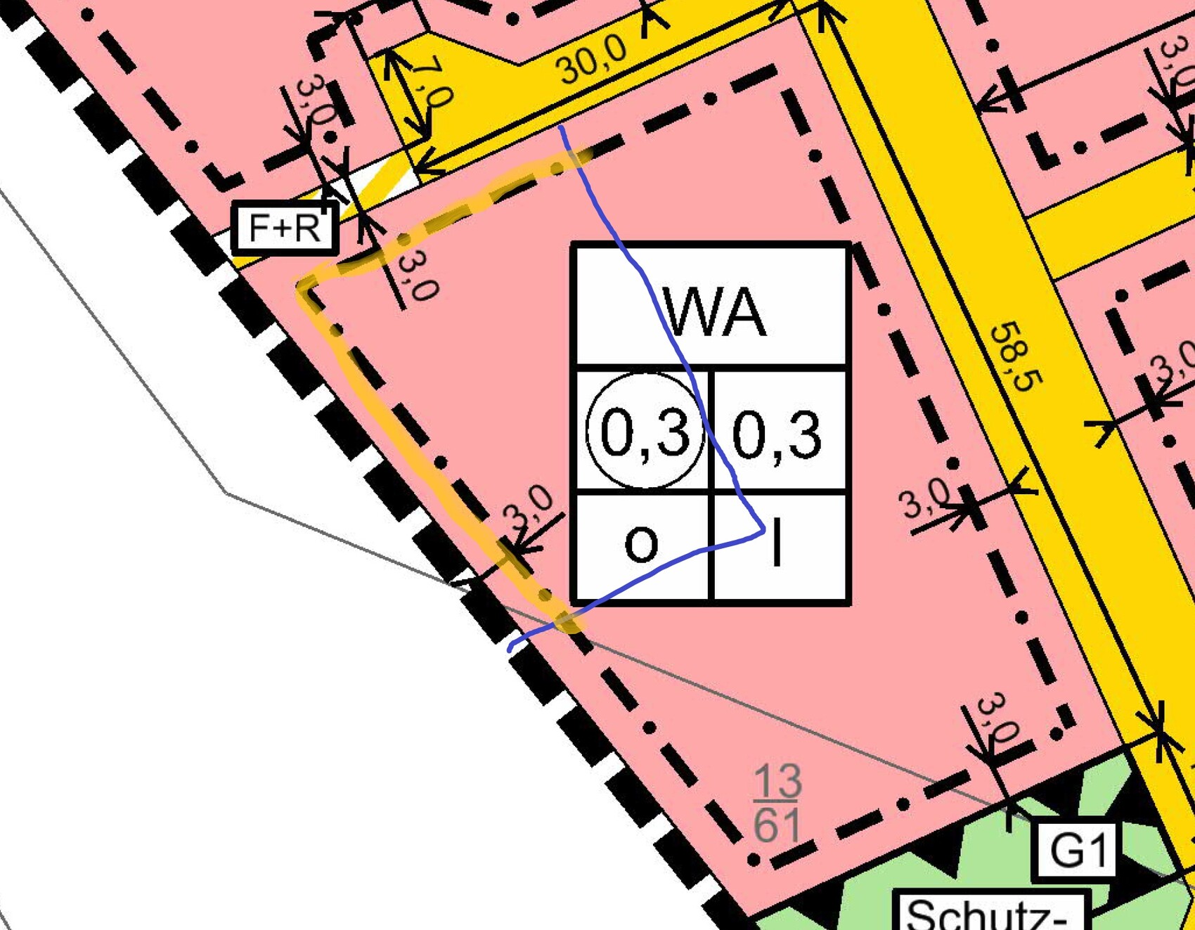 Zonenplan: pinke Fläche WA mit 3x3 Raster, blaue Grenzlinie.