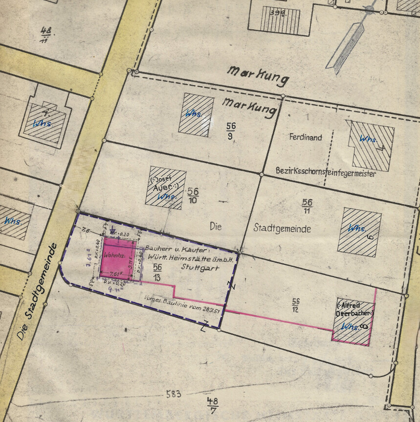 Lageplan mit Parzellen, Straßenverlauf und Gebäudestrukturen
