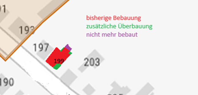 Lageplan mit bestehender Bebauung, zusätzlicher Überbauung und unbebautem Bereich auf dem Grundstück