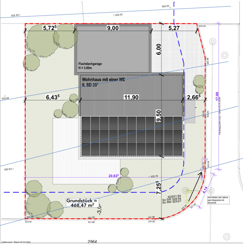 Lageplan eines Baugrundstücks mit Hausgrundriss, Gartenflächen und Zufahrt