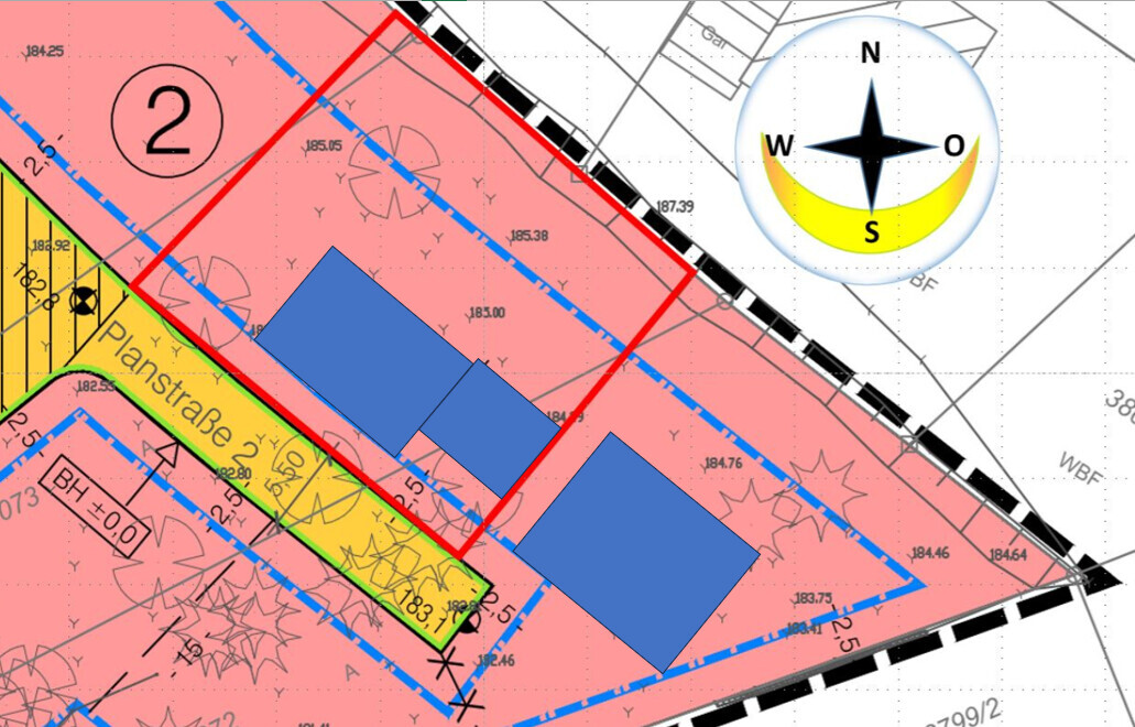 Lageplan: pinke Zone mit blauen Gebäuden, gelber Streifen, rote Umrandung, Kompass oben rechts.