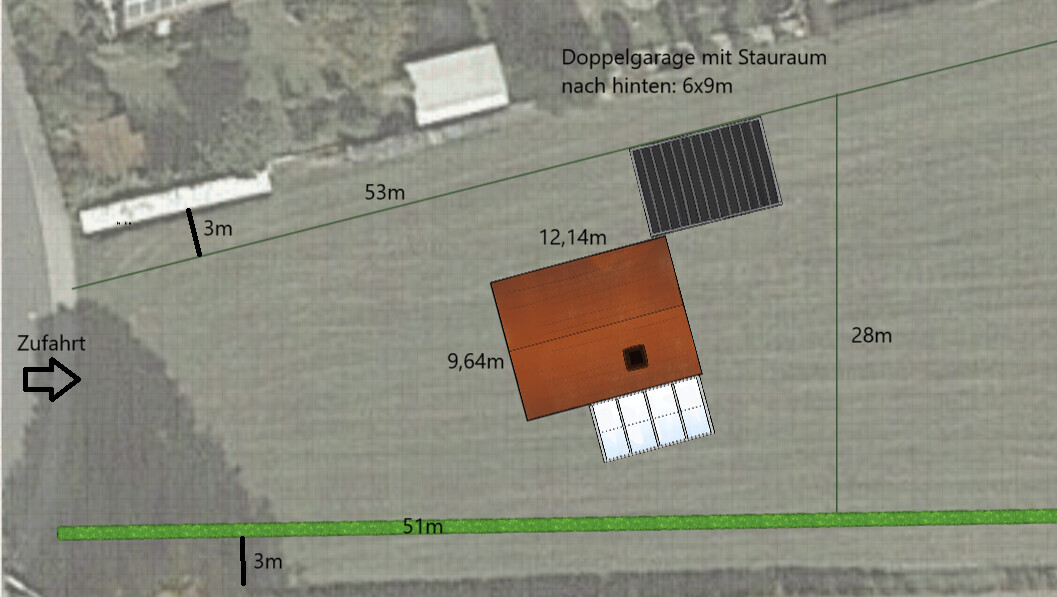 Lageplan eines Baugrundstücks mit Haus, Doppelgarage, Zufahrt und Maßen