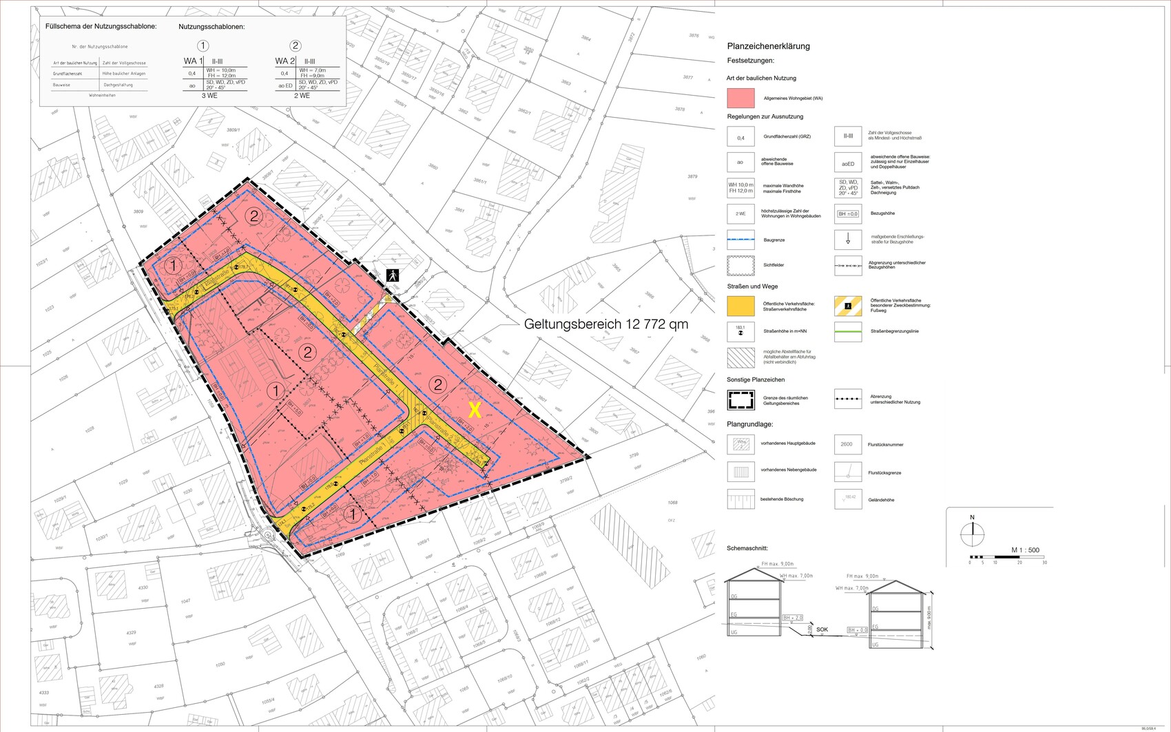 Lageplan eines Baugrundstücks mit Parzellen, Straßen und Nutzungsklassen