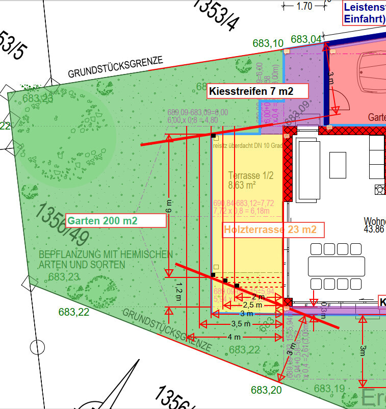 Grundstücksplan eines Hauses mit Garten, Terrasse und Wegen an der Grundstücksgrenze