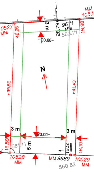 Lageplan eines Grundstücks mit Grenzlinien, Nordpfeil und Maßangaben