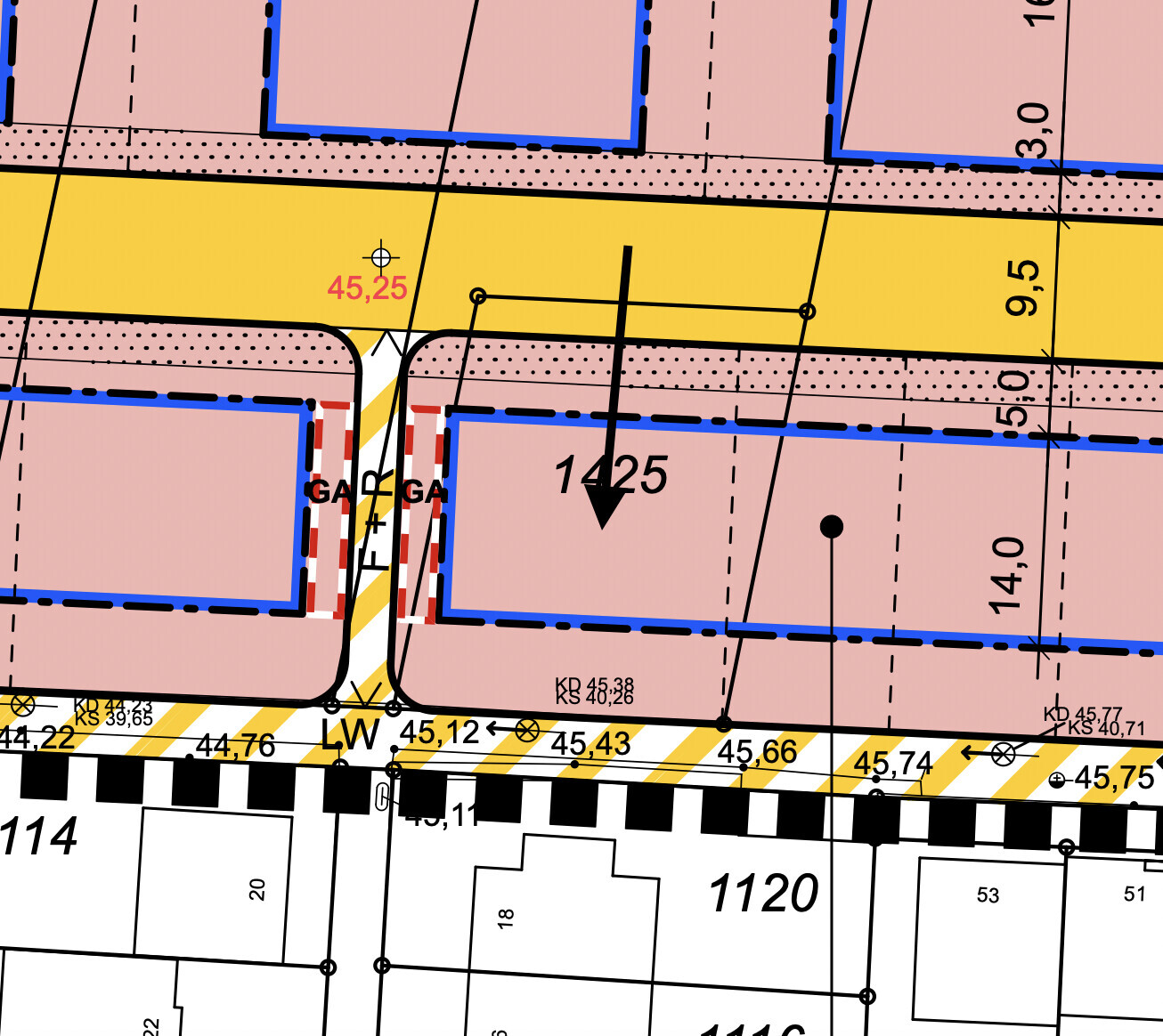 Grundstücks- und Grundrissplan mit Maßlinien und farblich markierten Bereichen.