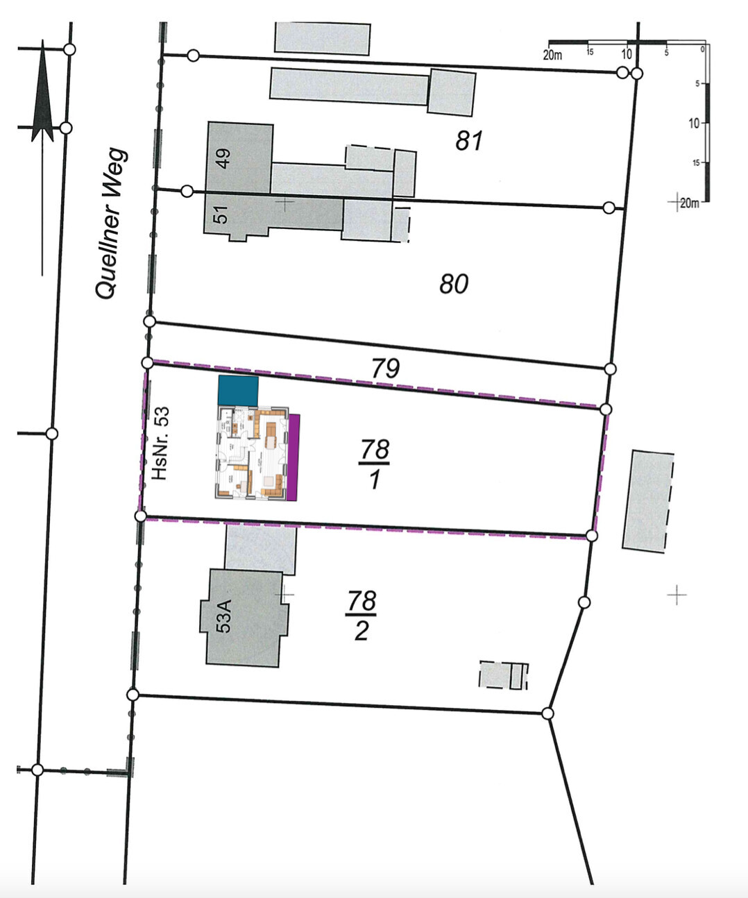 Lageplan der Parzellen am Quellner Weg: 79, 78/1, 78/2, 80, 81 mit Gebäuden.