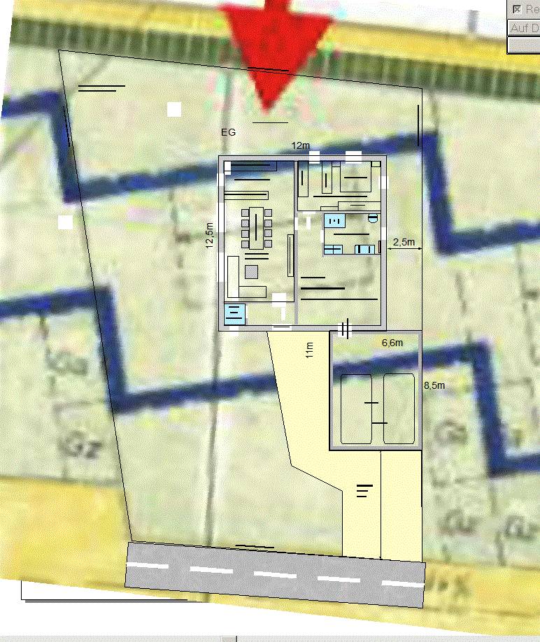 Grundriss eines Hausgrundstücks mit Gebäude, Zufahrt und Maßlinien