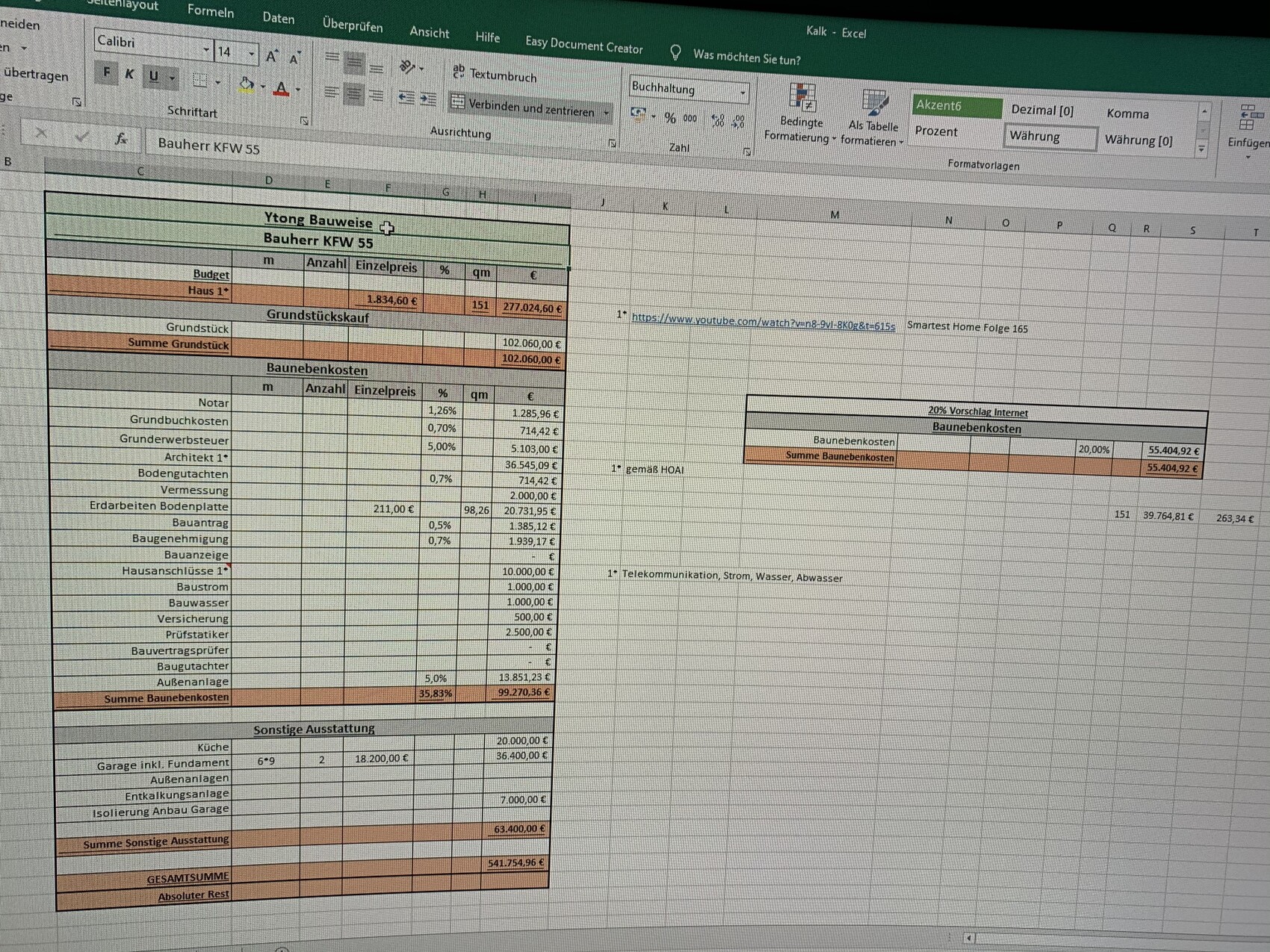 Excel-Baukostenliste für KfW-55-Haus: Budget, Grundstück, Bauneben- und Sonstige Kosten