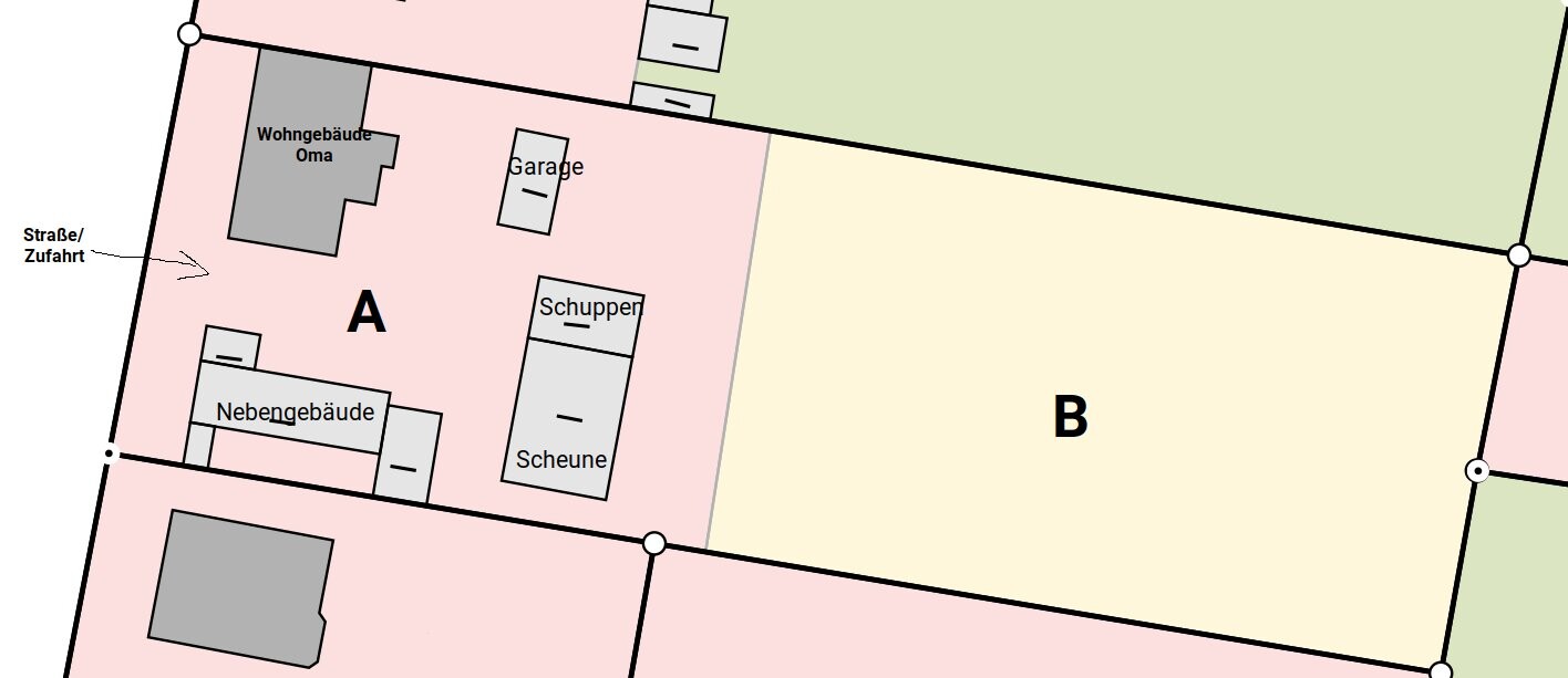 Lageplan eines Grundstücks mit Bereichen A und B, Gebäuden und Garage.