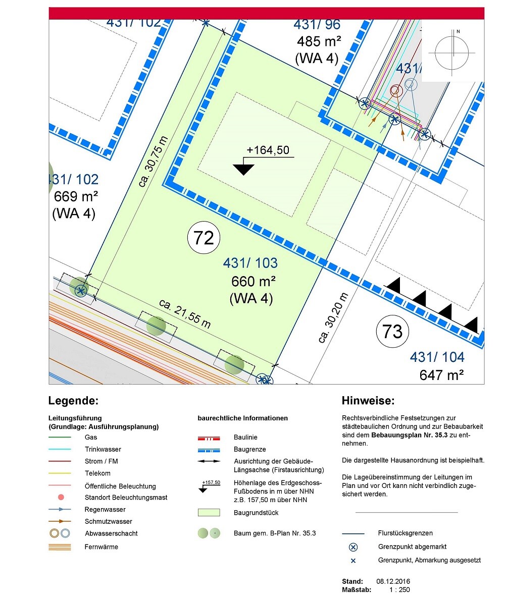 Lageplan mit Parzellen, Grenzlinien, Legende und Maßstab