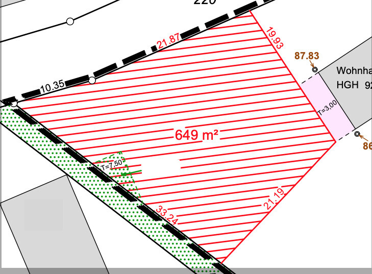 Grundstücksplan: Parzelle mit roter Schraffur, Fläche 649 m², angrenzend an Gebäude und Straße.