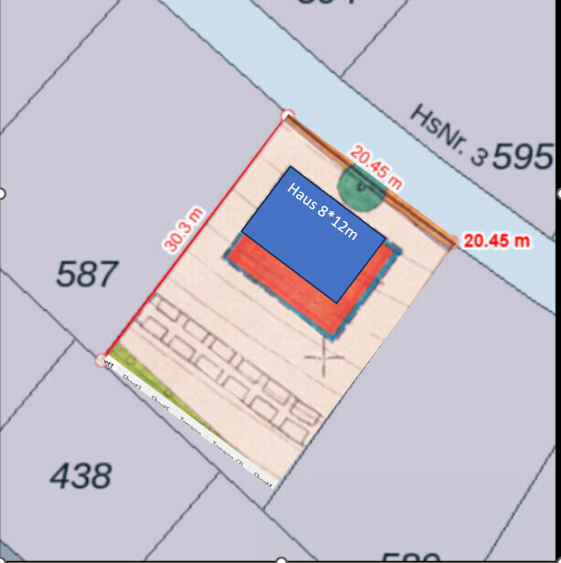 Lageplan eines Baugrundstücks mit Hausgrundriss 8x12 m und Grenzmarkierung