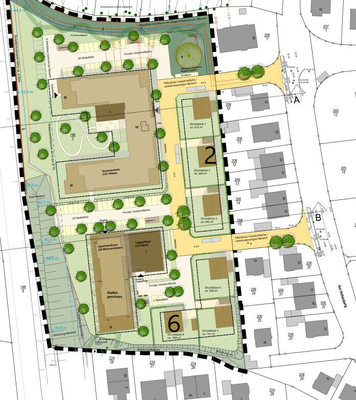 Lageplan eines Bauvorhabens: Gebäude 2 und 6, Grundstücke, Grünflächen, Straßen, Bäume.