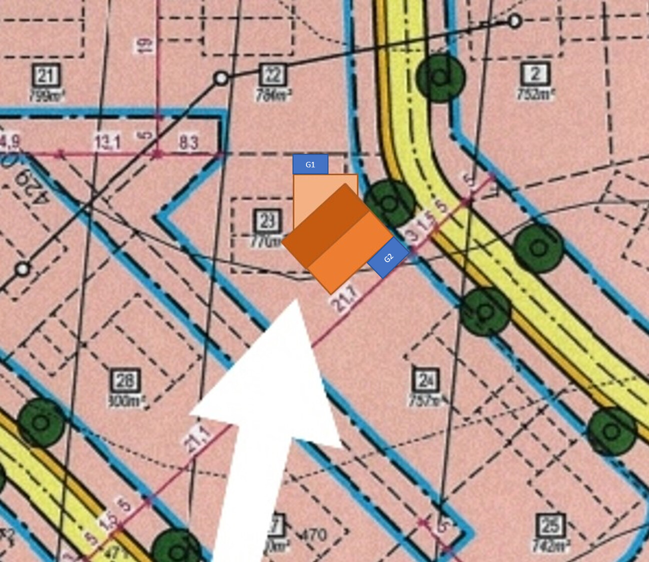 Kartenabbildung mit großem weißen Pfeil, orange Quadraten, gelber Straße und blauen Linien.